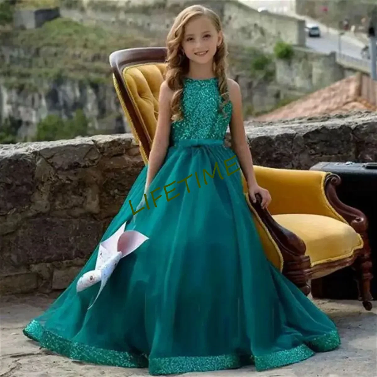 

Elegant Green Glitter Sequined Sleeveless Flower Girls Dresses For Wedding 2023 Princess Tulle Kid Pageant First Communion Gowns