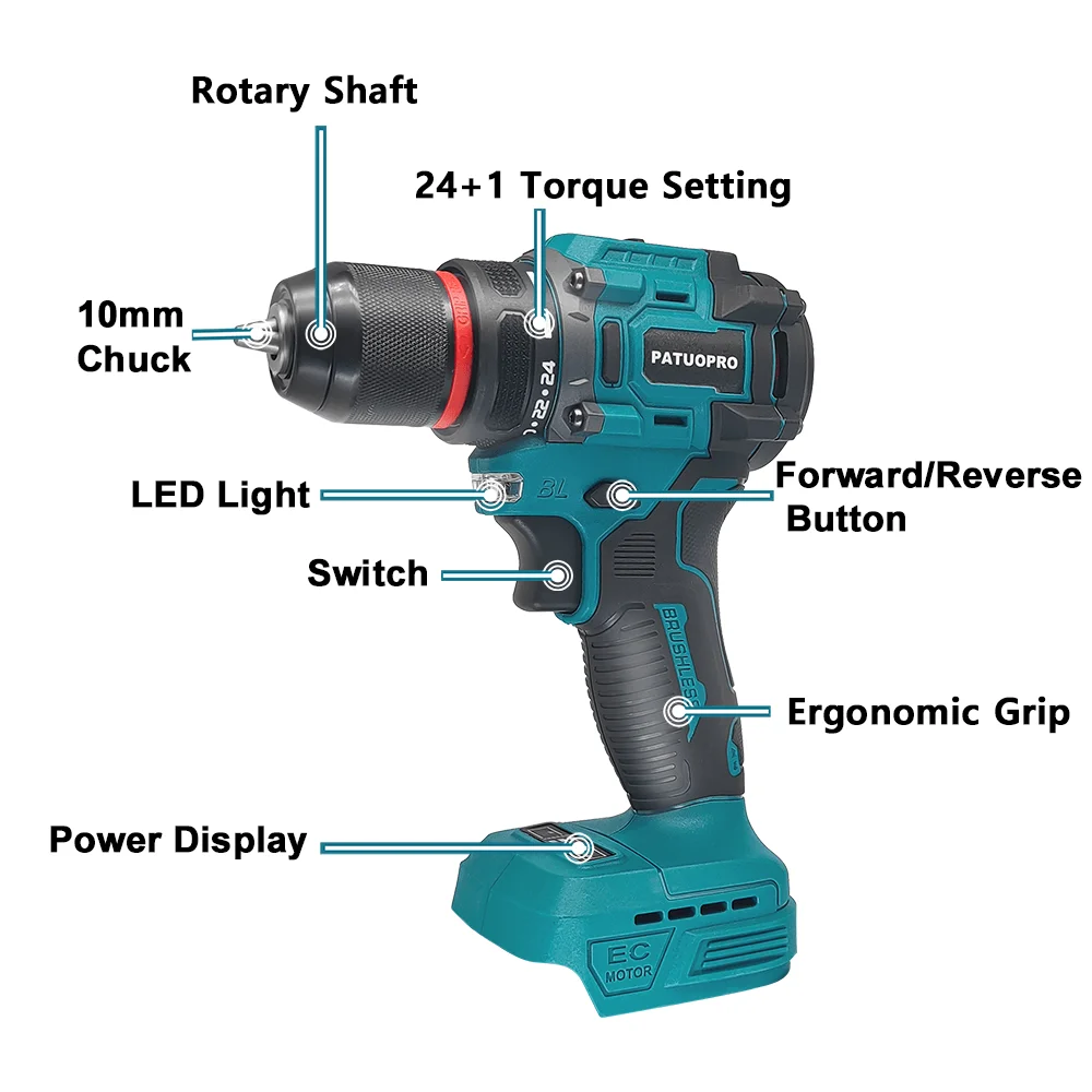 PATUOPRO 2-Speed 10mm Electric Brushless Drill Cordless Handheld Drill Screwdriver Portable Power Tool For Makita 18V Battery