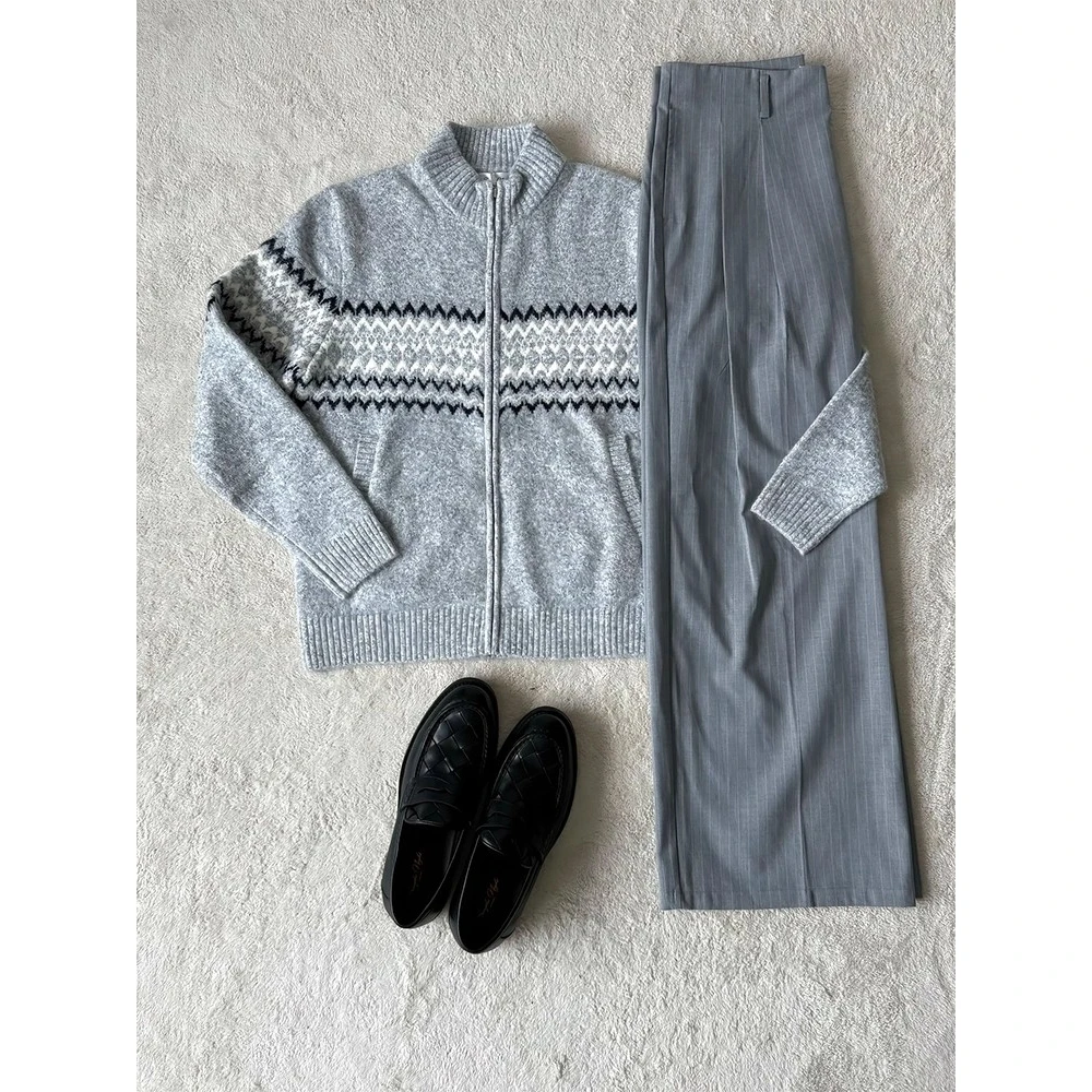 

American Sle Lazy High Collar ey Sweater Cardigan Men's Couple Knitted Wear for Casual Winter Season Polyester Fiber