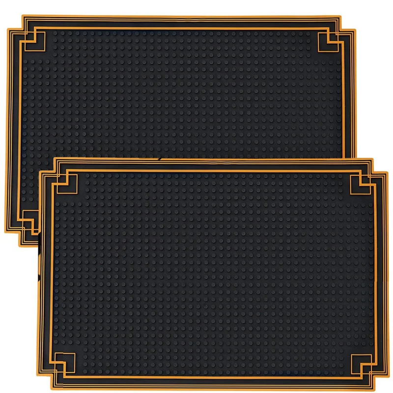 AT19-2 Pcs Gold Border 18 X 12 Inch Non Slip Rubber Bar Mat For Restaurants, Barbershop Clippers, Bartending-Black