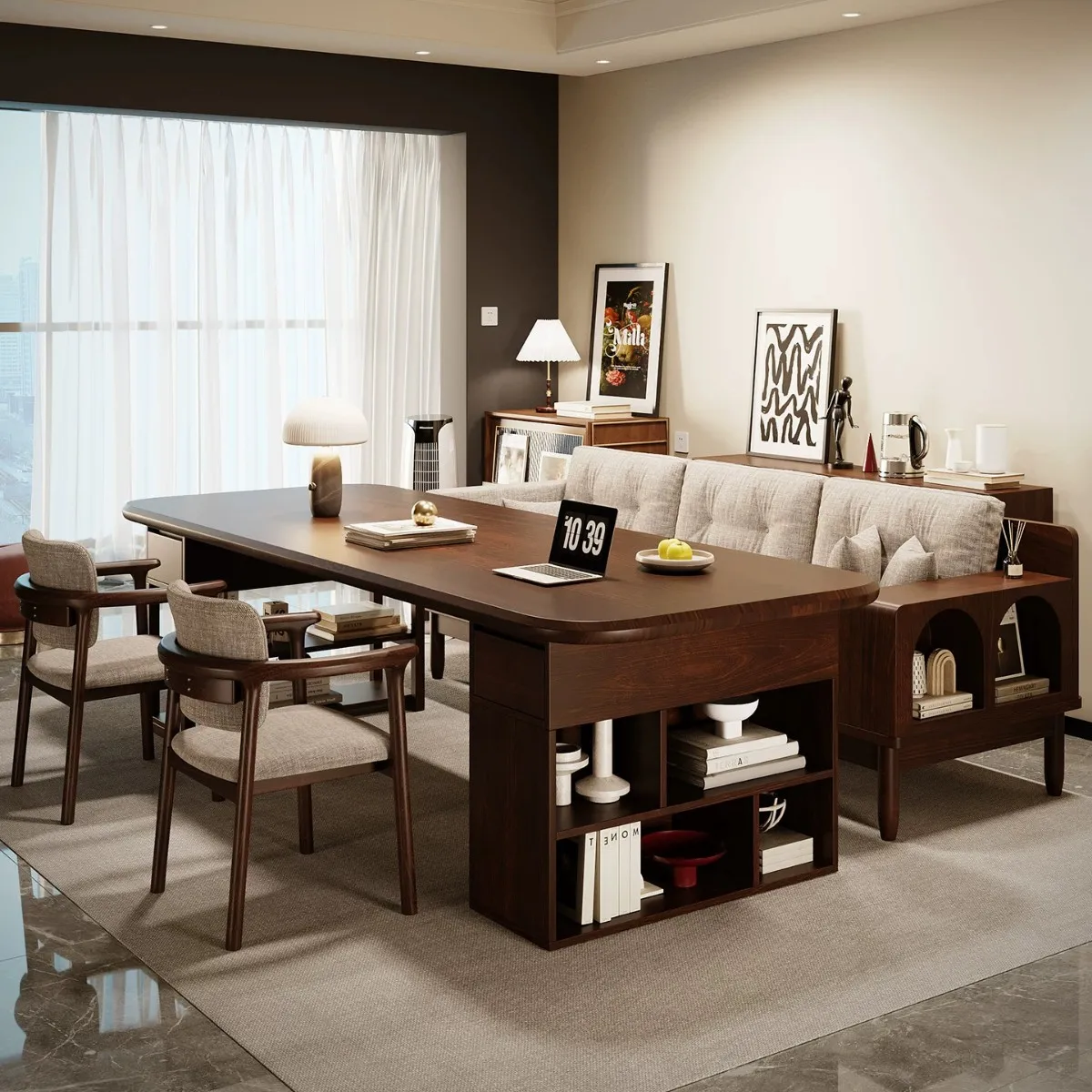 Walnut living room solid wood large long desk bookshelf integrated workbench reading study table desk
