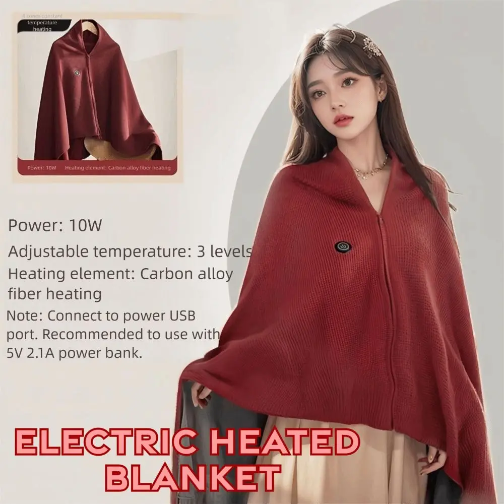 Wearable Electric Heated Blanket 3 Heating Levels Zipper Closure Body Warmer Wrap Washable Foldable USB Heated Shawl Indoor