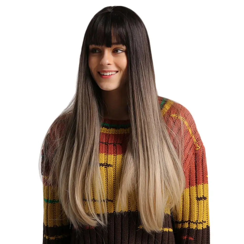 

24 inch Women Silky Long Straight Wig Heat Resistant Synthetic Wig Wig - gradually changing milk tea