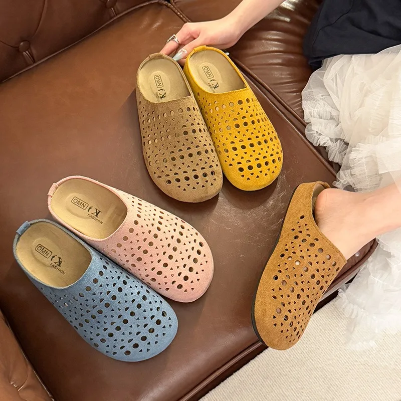 

Soft Leather Hollow out Breathable Retro Women's Slippers Summer Outdoor Slip-On Anti-Slip Sandals Korean Rubber Muller Slippers