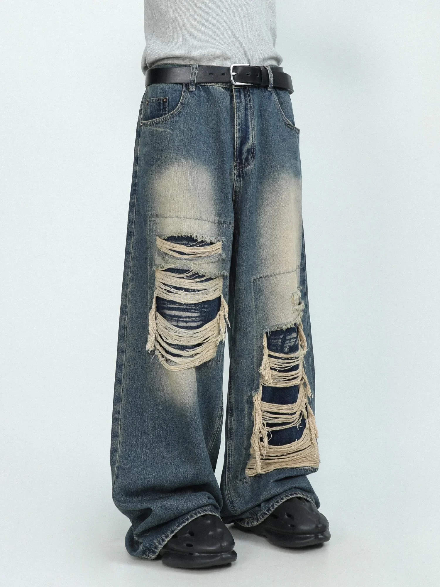 2024 American Street Patch Jeans With Ripped Holes Unisex Design Small And Loose Wide Leg Straight Leg Pants Hiphop Trousers