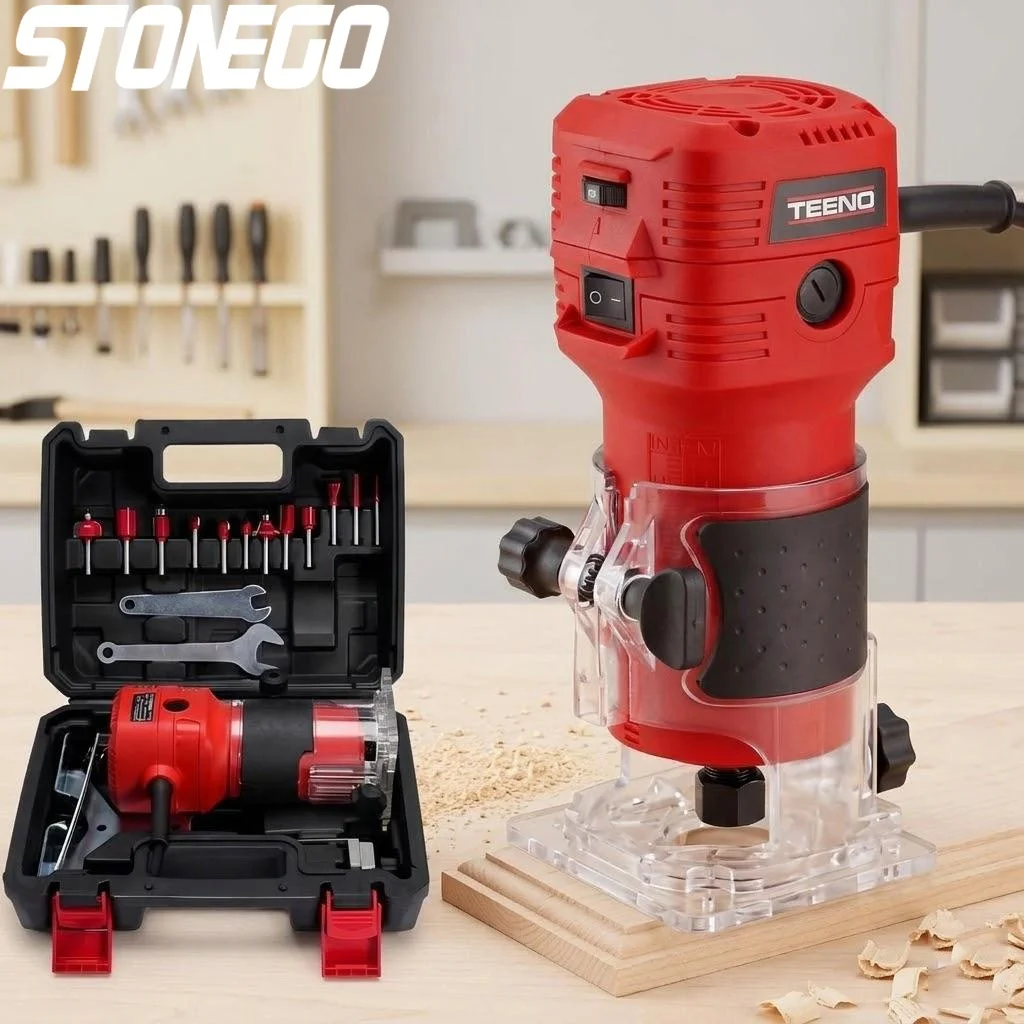 

650W Wood Router with 32000 RPM High Power Electric Hand Trimmer for Woodworking 6 Speed Variable Control for Precise Sizing and Finishing 1 4 Inch Shank 12 Piece Router Bits Set Includes Carry Case Compact Milling and Trimming Tools Kit