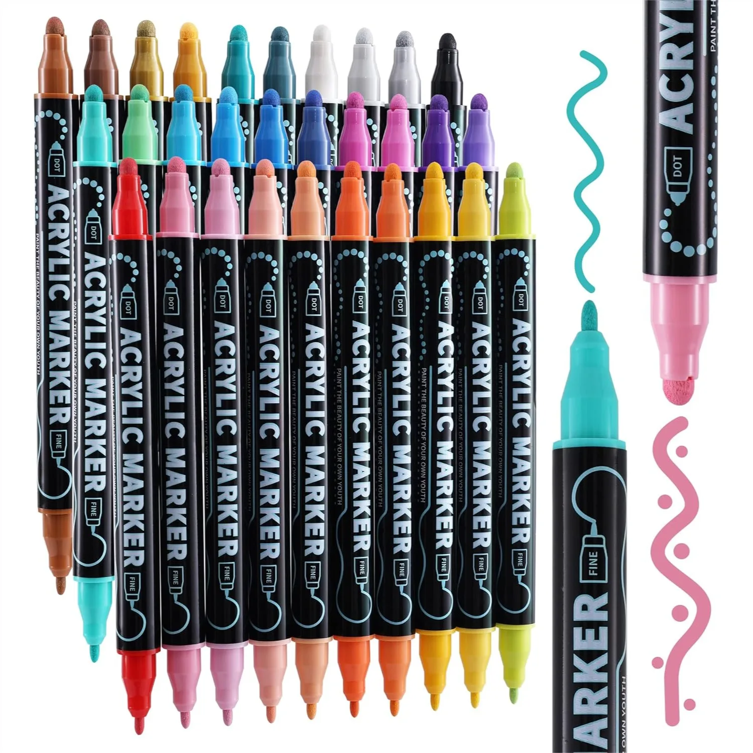

30 Colors Dual Tip Acrylic Paint Markers, Fine & Dot Tip for Rock, Wood, Fabric, Canvas, Glass, Ceramic, DIY Crafts