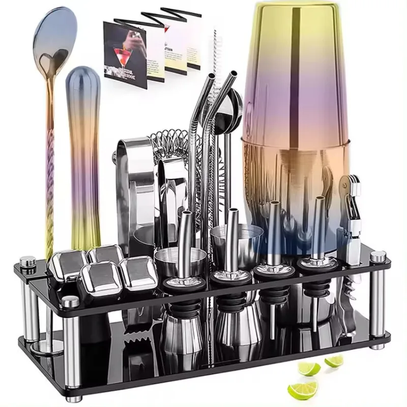 

Cocktail Shaker Bottle Bar Sets Stainless Steel Bar Mixology Bartender Kit With Plastic Stand