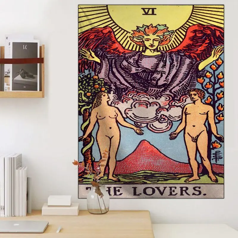 VIKAMA Four of Wands Tarot Card Wall Tapestry Yellow Background Staff Arch Garland Castle Celebration Mystical Occult Decor Soft