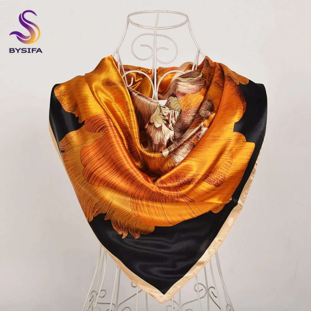 BYSIFA|New Black Gold Silk Scarf Hijab Women Fall Winter Square Head Scarves Wraps Chinese Stly Peony Design Summer Beach Shawls