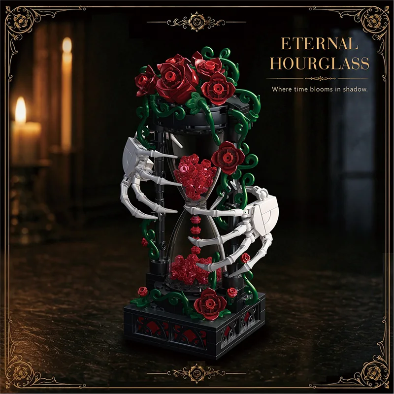 

Dark Style Skull Hand Rose Hourglass Building Blocks Gothic Style Assembly Model Skeleton Hourglass Niche Ornament Creative Valentine's Day Gift for Couples