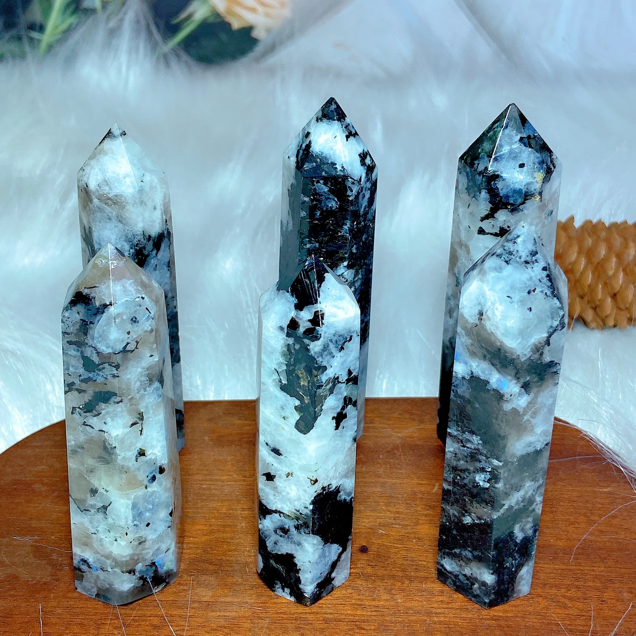Natural Crystal White Moonstone Black Tourmaline Tower Point Blue Flash Stone Wholesale Energy Healing Gemstone Gift Ore view 5