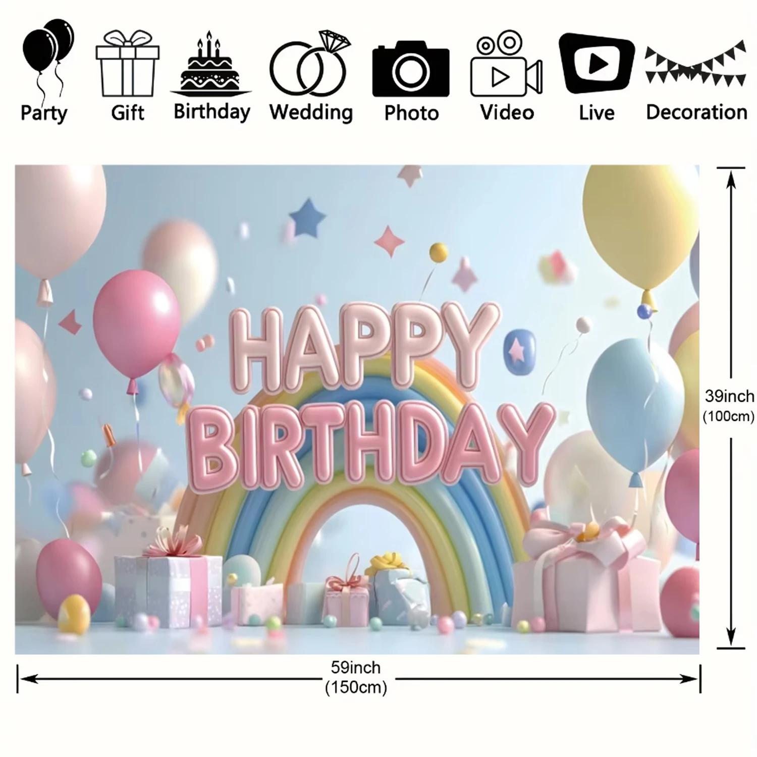 3D Balloon Rainbow Theme Background Cloth Pink Newborn Baby Girl Colorful Birthday Party Photography Prop Decoration Gift Banner