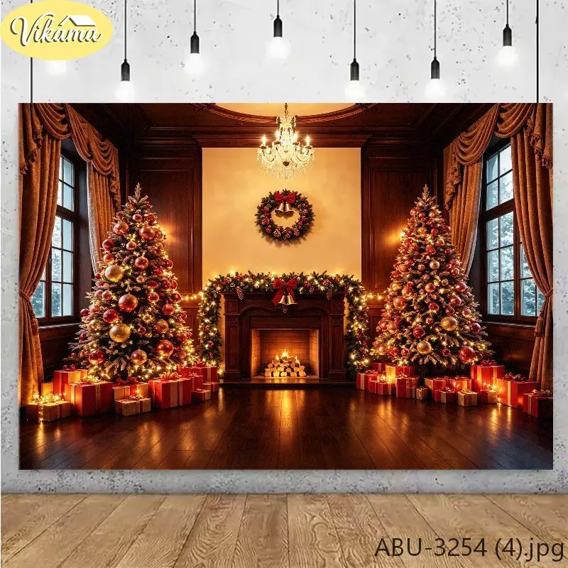 VIKAMA Wreath Garland & Fireplace Christmas Backdrop Tapestry Wall Hanging, Wall Art for Photo Studio Party Living Room Decor