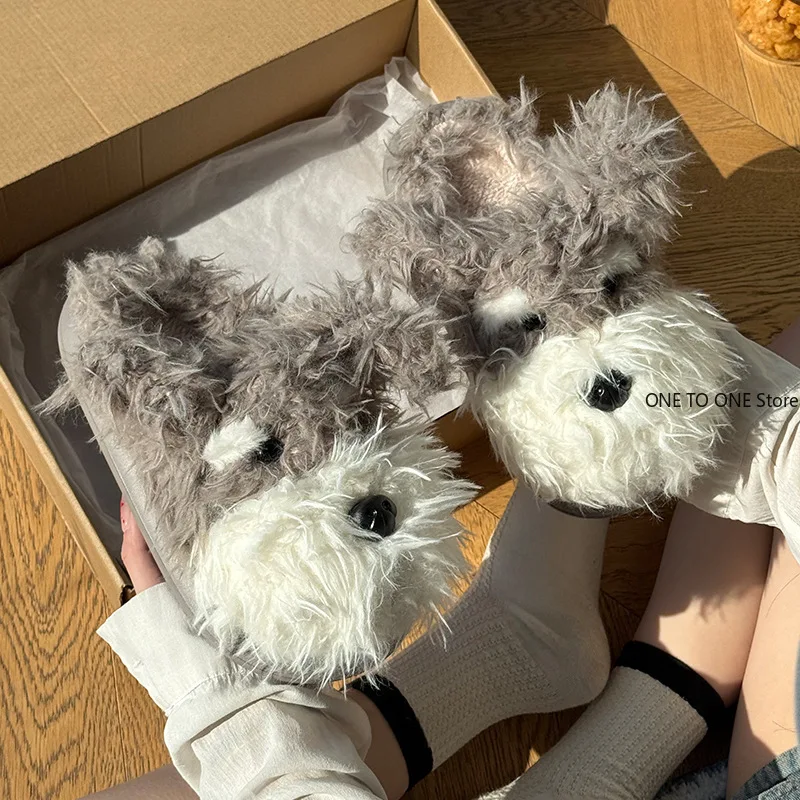 

Wholesale Fluffy Slippers Women House Flat Cartoon Dog Designer Winter Shoes Girls Cute Indoor Plush Warm Platform Footwear
