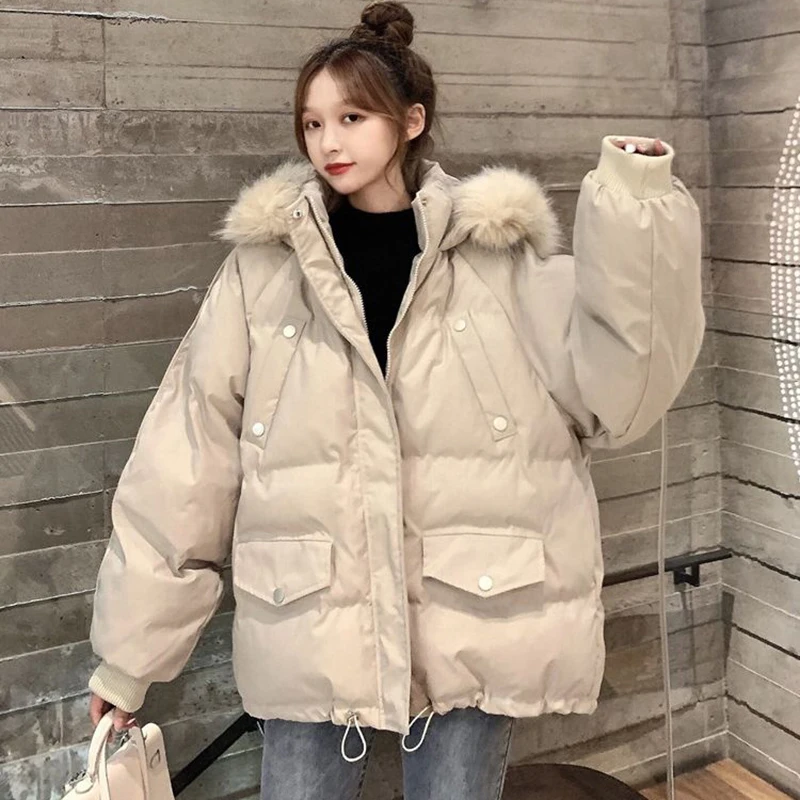 Rimocy Hooded Fur Collar Loose Parkas for Women Winter Pockets Thicken Warm Jacket Woman Zipper-Up Cotton Padded Jacket Ladies