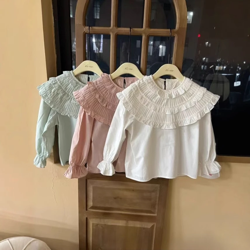 White blouse for Girls clothes Size 110-150 Spring 2025 Korean Version Foreign Style Floral Doll Shirt