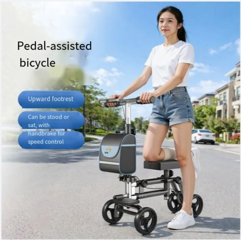 Four-Wheel Foldable Portable Knee Scooter Equipped with Brakes, Single-Leg Mobility Aid That Provides Leg Support Assistance