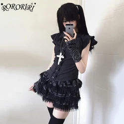 RORORIRI Women Irregular Frayed Lace Trim Puffy Mini Skirt Black Liner Elastic Waist Tiered Ruffle Cake Skirt Goth Retro Clothes