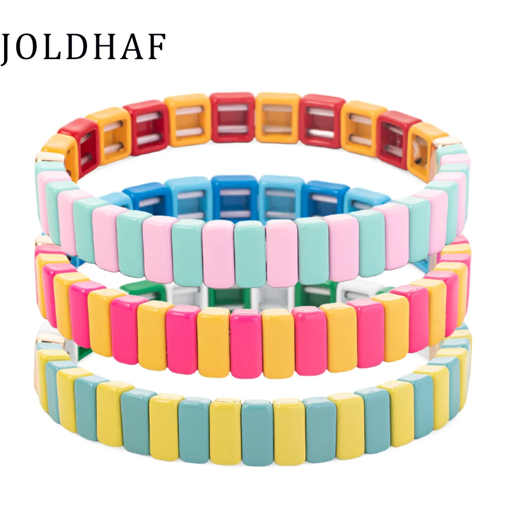 New Design 2x8mm 8x8mm Square Shape Beads Bangle For Women Colorful Metal Elastic Bracelets Beads Jewelry Supplier