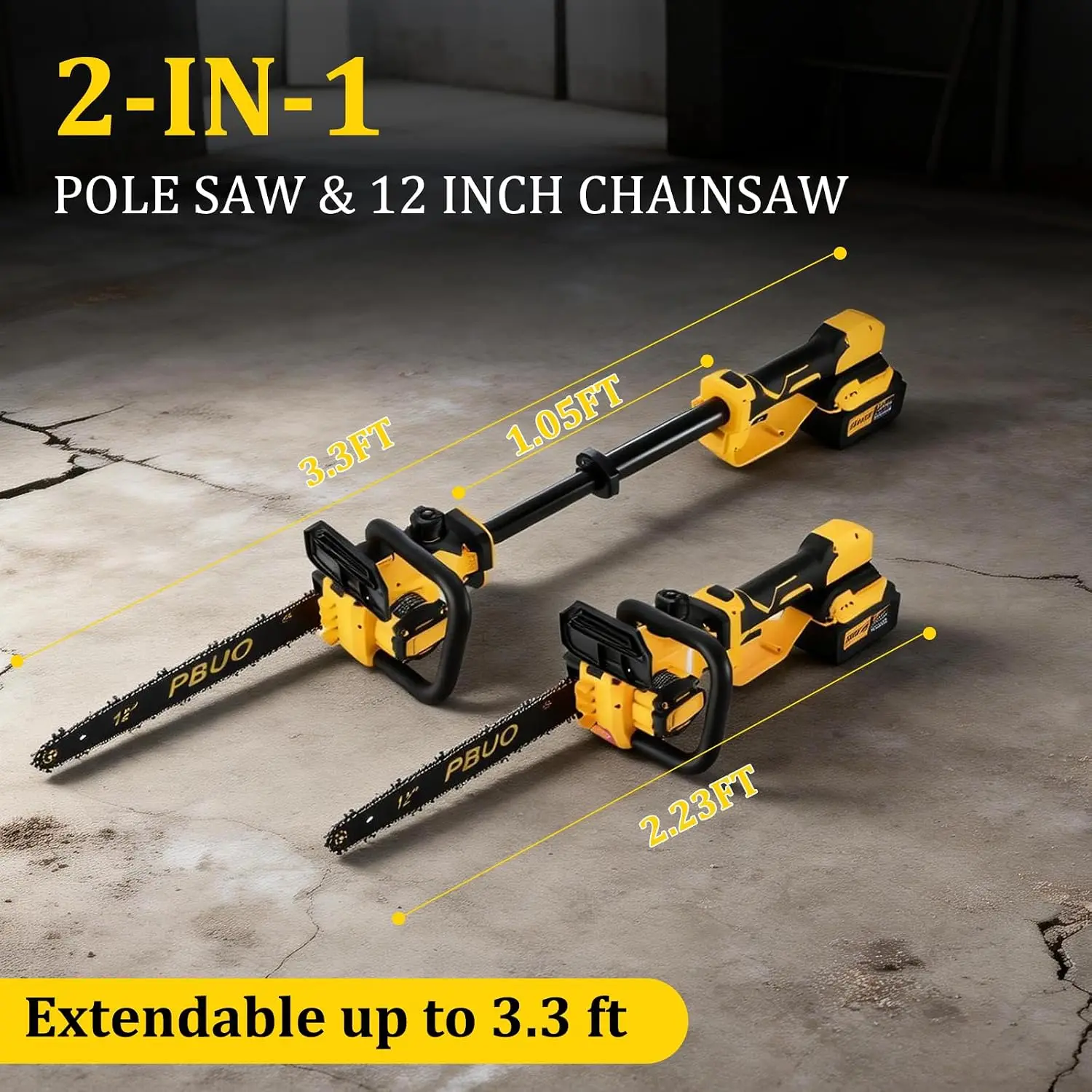 ^For 12 Inch Cordless Brushless Chainsaw, 2-IN-1 Telescoping Pole Saw with 2 x 4.0Ah Batteries & 4 Chains, Lightweight Safe Tree