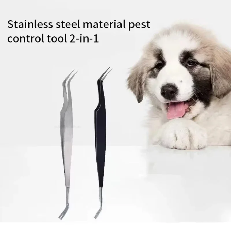 2 In 1 Stainless Steel Tick Remover Tweezers Pet Flea Lice Removal Clip Pet Parasite Cleaning Tool Safe Tick Extractor Tweezers