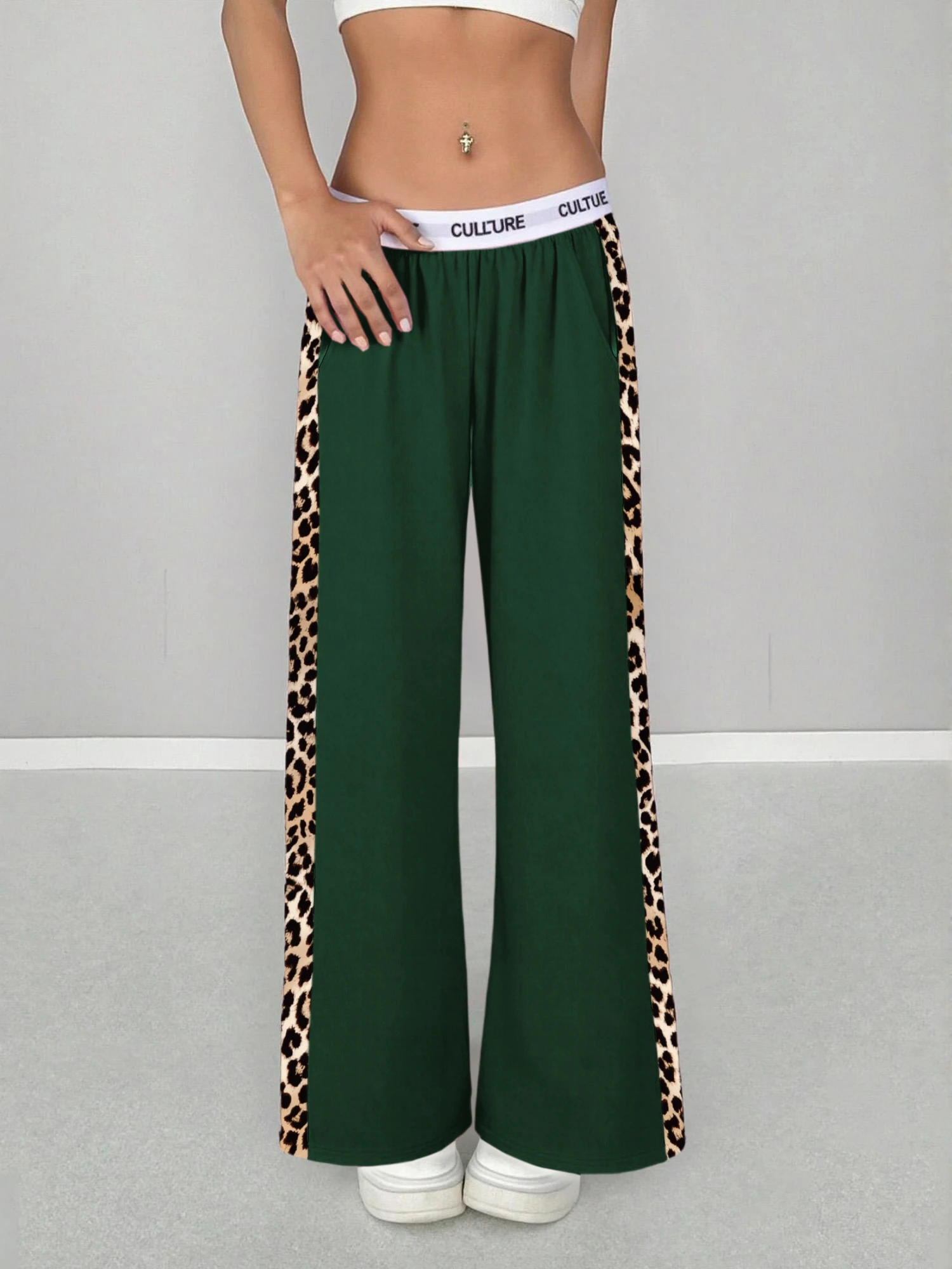 2026 Neu Heißer Verkauf Damen Leopardenmuster Seitenstreifen Weite Hose Lässige High-Waist Hose mit Schriftzug-Bund Lockerer Streetwear-Stil – Detail 9
