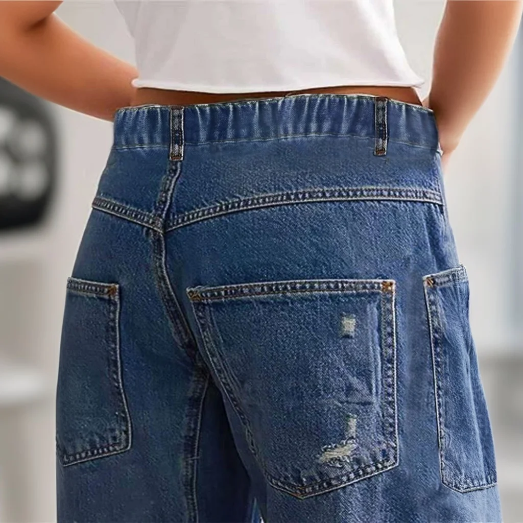 Jeans For Woman Y2k Jeans Distressed Wide Leg Trousers With Curved Hem Casual Loose Fit Comfort Stretch Denim Trendy 2025