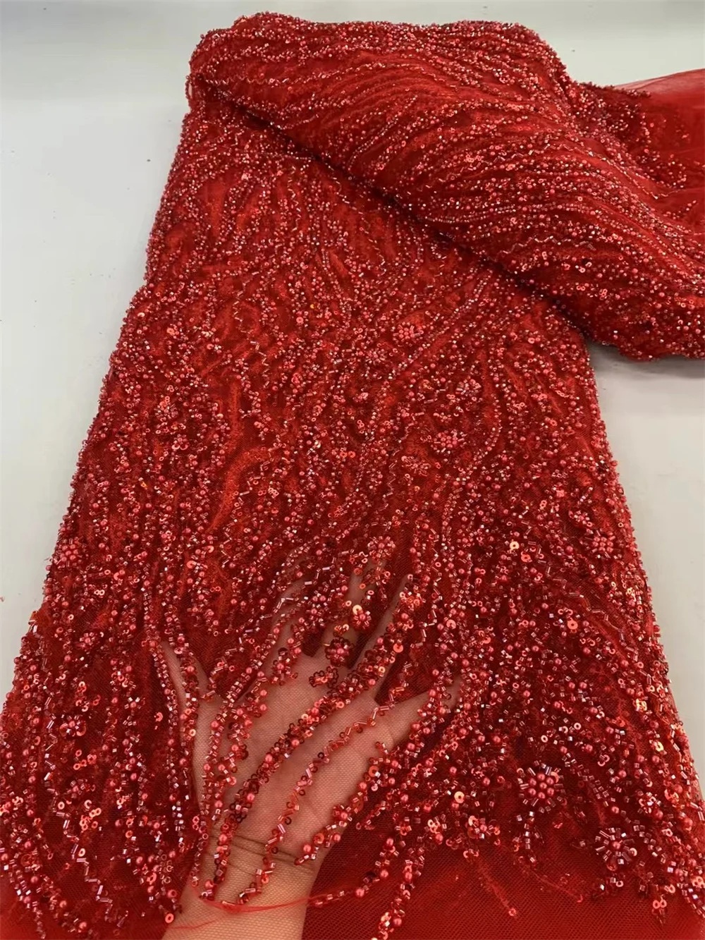 Luxury 5 Yards Lace Fabrics Quality 2024 Sale Red Beaded Lace Fabric High Quality African Lace Fabric Dresses 2024 Women A692-1