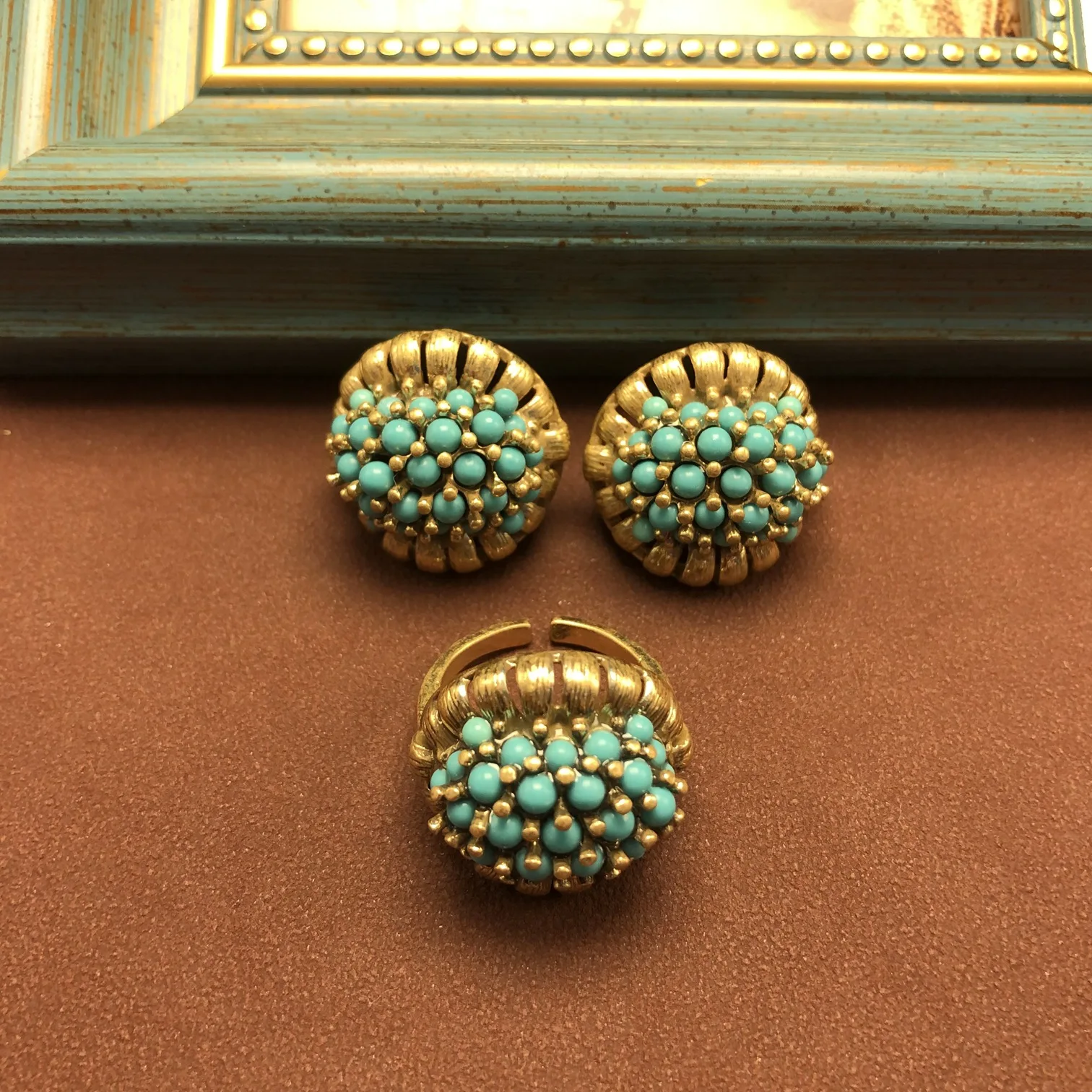 vintage personality temperament copper-plated exaggerated turquoise earrings ring