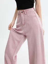 ZHISILAO yeni Lyocell geniş bacak kot kadınlar yumuşak gevşek pembe tam boy düz Denim pantolon ilkbahar yaz 2024