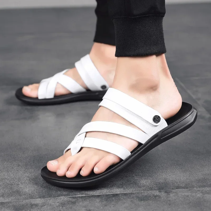Men's Flip Flops Luxury Cowhide Leather Sandals Fashion Casual Beach Slippers Summer Pinch Toe Peep Toe Sandals for Men Slippers - Detail 1
