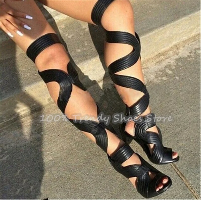 

Sexy Strappy Knee-High Stiletto Women Gladiator Boots Hollow-Out Narrow Band High Heel Sandals Lady Party Dance Dress Shoes