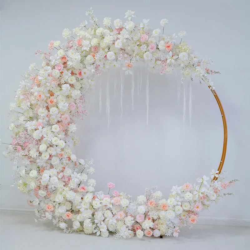 pink moon ring arch floral , wedding stage background, marriage proposal ceremony, shopping mall arrangement of fake flowers