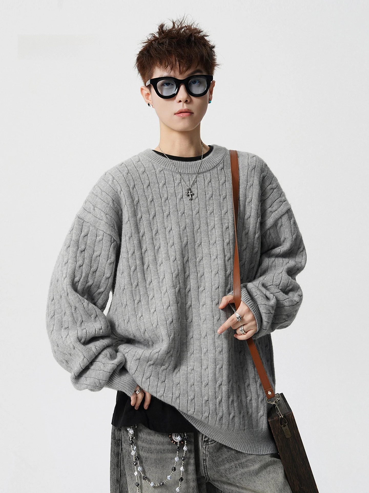 

Мужской вязаный свитер-лонгслив из полиэстера с узором косы, повседневный базовый слой, осень-зима 2025, новинка, для подростков, для ношения под одеждой