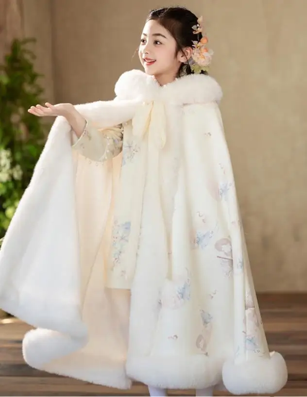 

Girls Fairy Hanfu Cloak Warm Tang Suit Children Winter Plus Velvet Embroidery Party Dress With Cloak Chinese New Year's Clothing