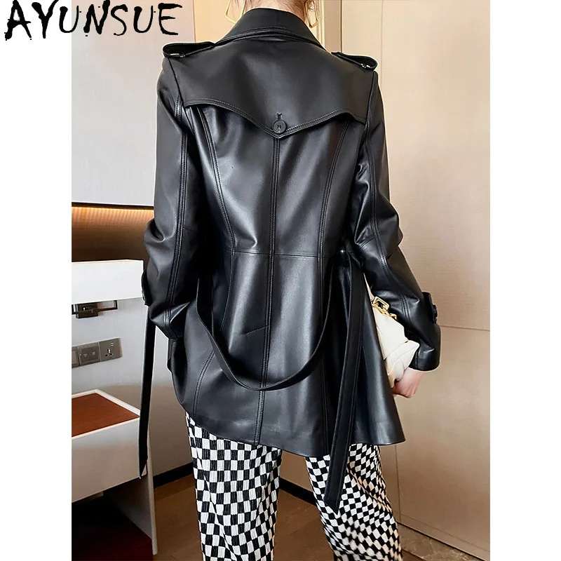 YUNAUE Giacca in vera pelle Abbigliamento donna Primavera Autunno Cappotti di pelle di pecora Trench lungo Md per uomo Cintura Jaqueta De Couro