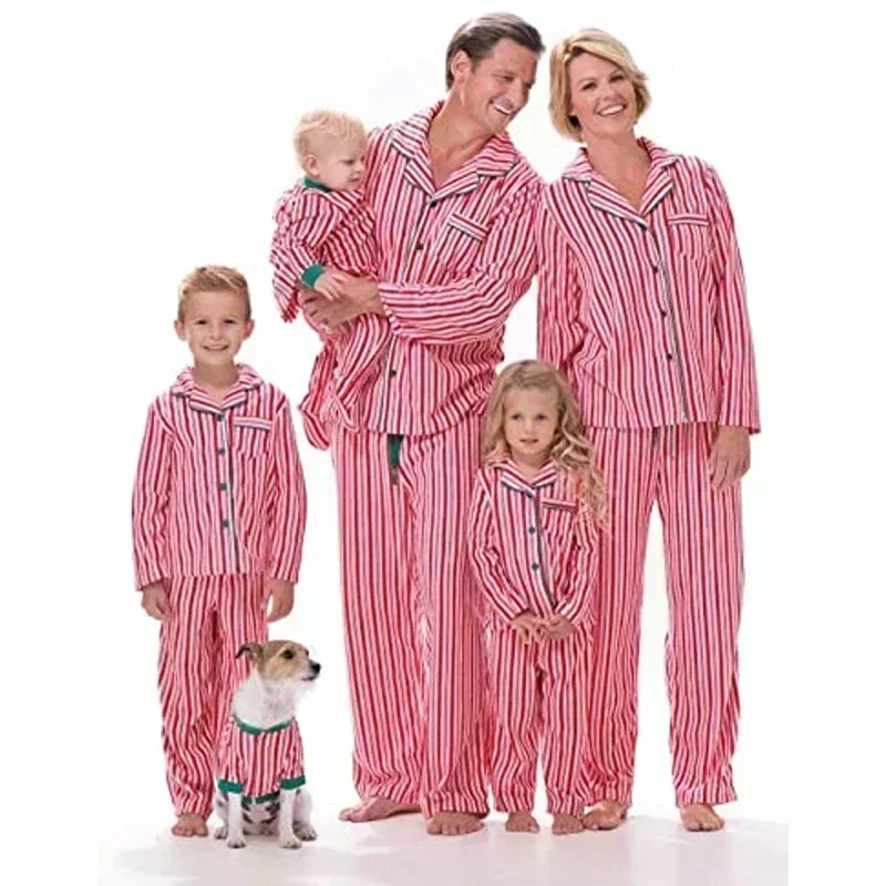 Family Christmas Pajamas Set Striped Print Mother Kids Matching Clothes Button Shirt+Trousers Children Clothing Xmas Look Pijama