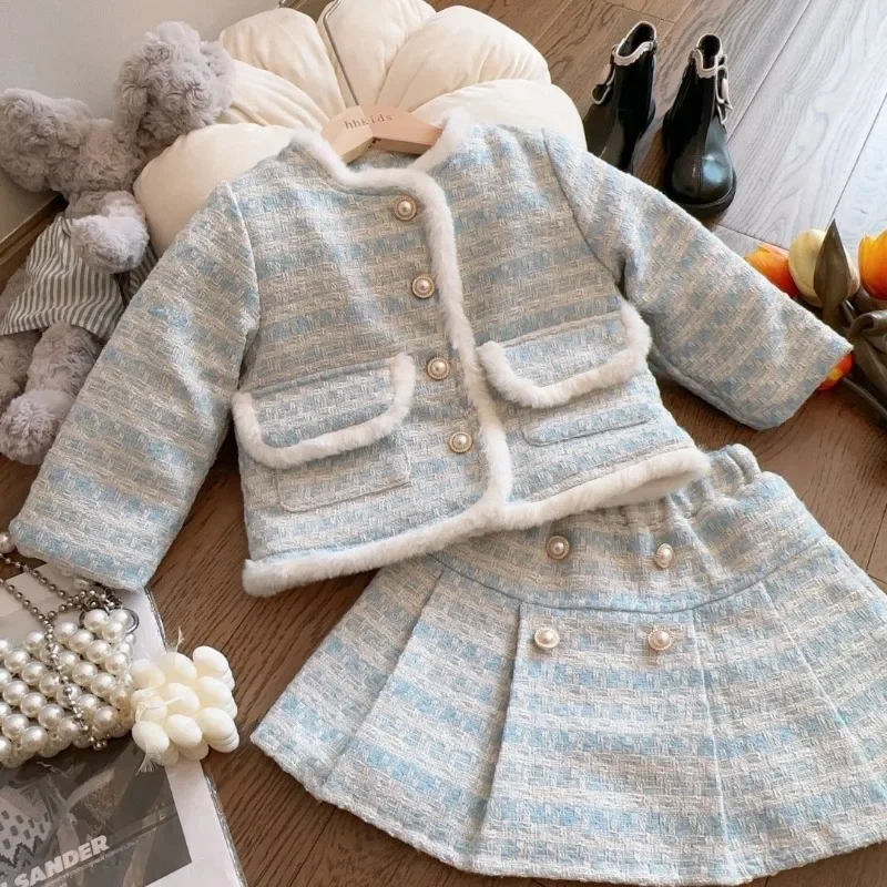 Winter Girls Clothes Sets Thick Children Coats+Skirt Korean Warm Fleece T-shirt Princess Girls Outfits Set Kids Clothing 2Pcs