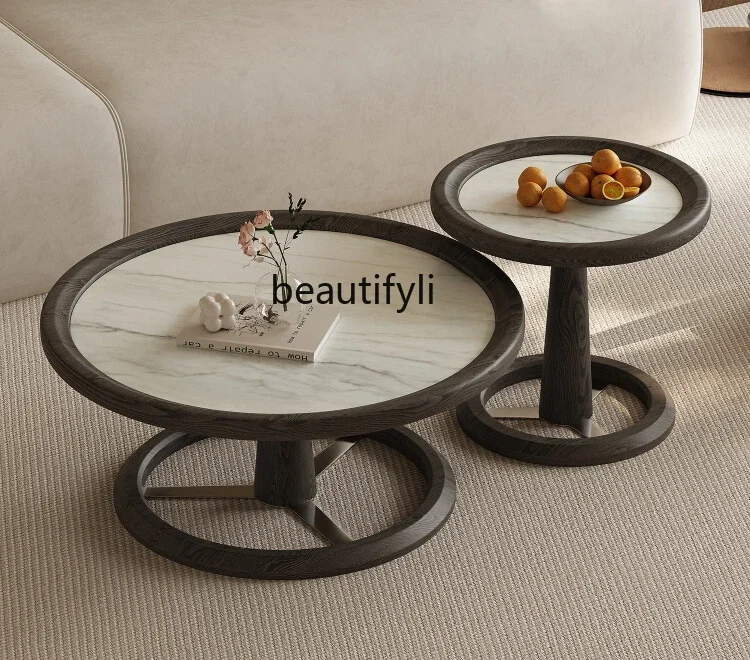 

Italian minimalist coffee table combination round ash wood solid wood marble living room home light luxury