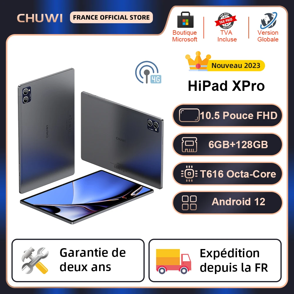 CHUWI-Tablette HiPad XPro Android 12, 10 pouces, Unisoc T616, Octa Core, 4G, 6 Go, 128 Go, 13MP, batterie 7000mAh, persévérance, version globale