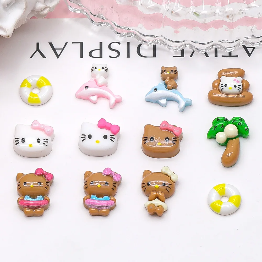 50PCS Summer Beach Hello Kitty Resin Nail Charms Mixed Flatback Cabochons 3D DIY Nail Art Phone Case Decor