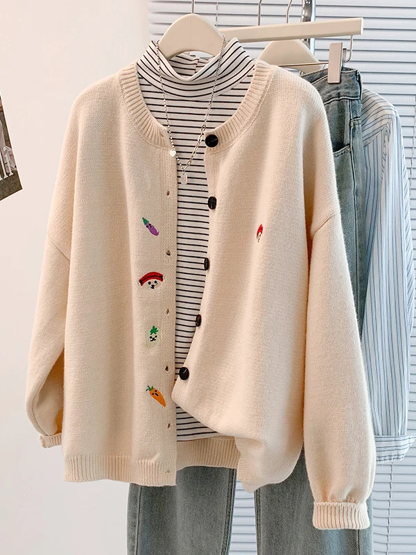 

Authentic Autumn Winter plus Size Casual Lazy Sle Embroidered Open Cardigan Sweater Jaet Versatile Loose Fit Ladies Outer...