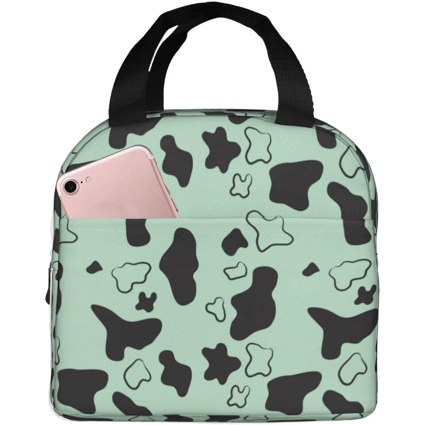 

Green and Black Cow Print Lunch Bag for Women Men, Cute Animal Cow Insulated Lunch Box Container with Frond Pocket for Work