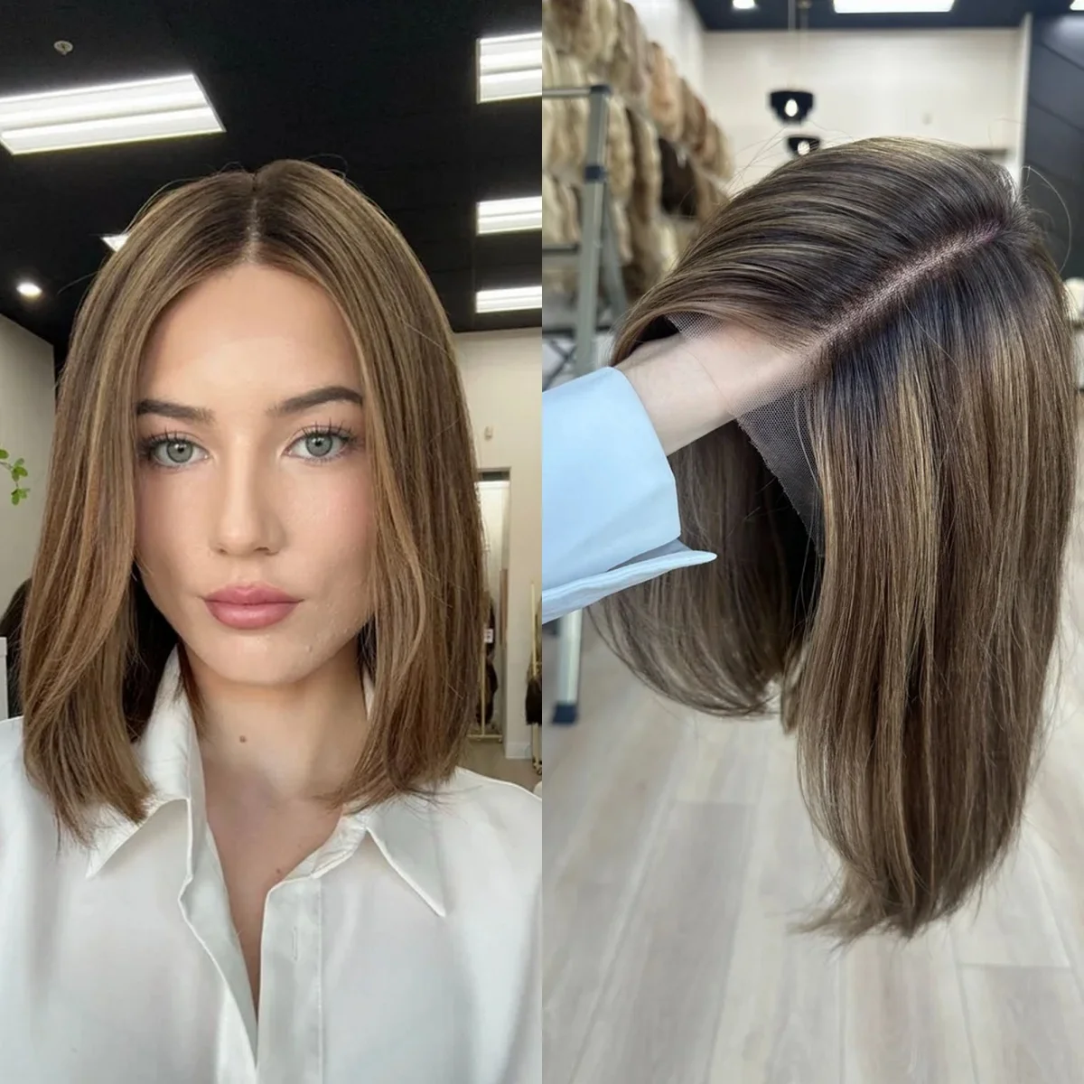 

12-дюймовый парик хорошего качества, 13x4, с разрезом по центру, омбре, коричнево-блонд, синтетический парик HD с кружевной передней частью, короткий, натуральный, прямой, парик-боб, подарок для нее