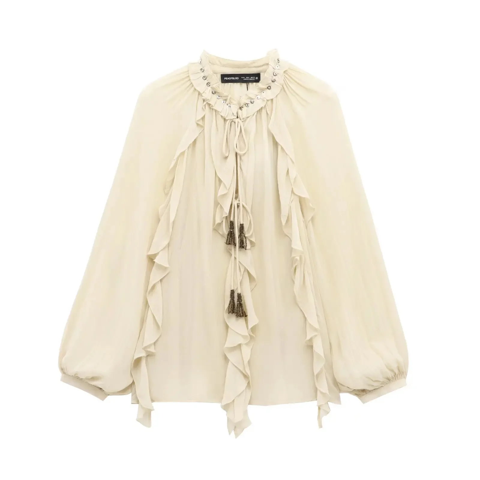

Pop Spring New Women's Fashion Translucent Fabric Beaded Rivets Decorated V-neck Lace Ruffled Romantic Shirt