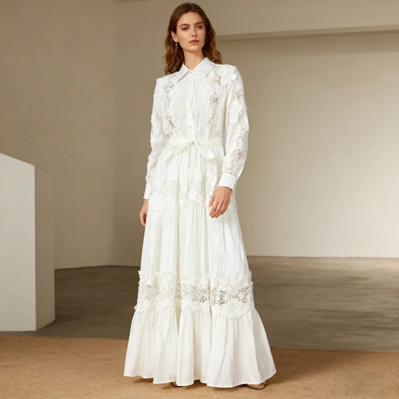 Ele dentelle épissure col rabattable Maxi Dr Vaion longue Dr nouveau Sle vent t-shirt jupe dimensionnelle taille haute velours matériel