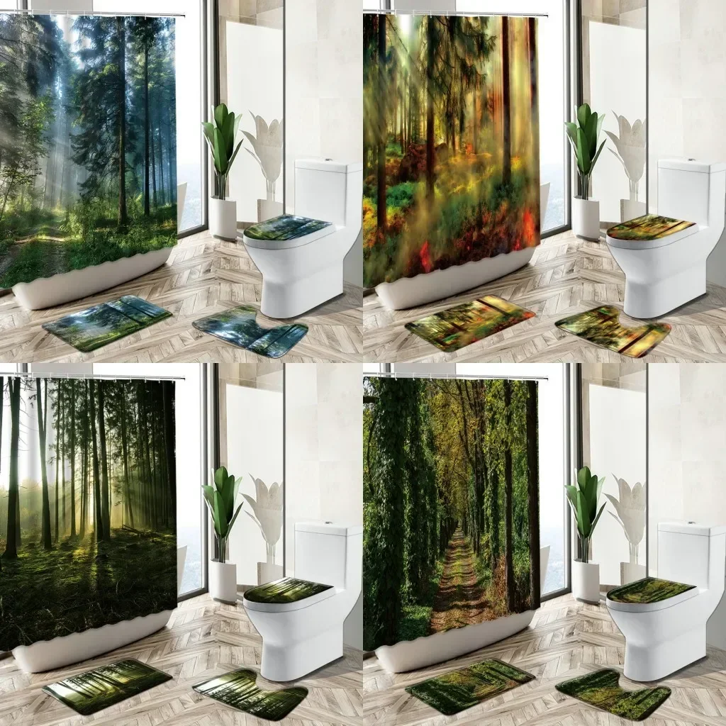 Foggy Forest Natural Scenery Shower Curtain Sunlight Trees Green Plant Bathroom Decor Non-Slip Rug Toilet Lid Cover Bath Mat Set