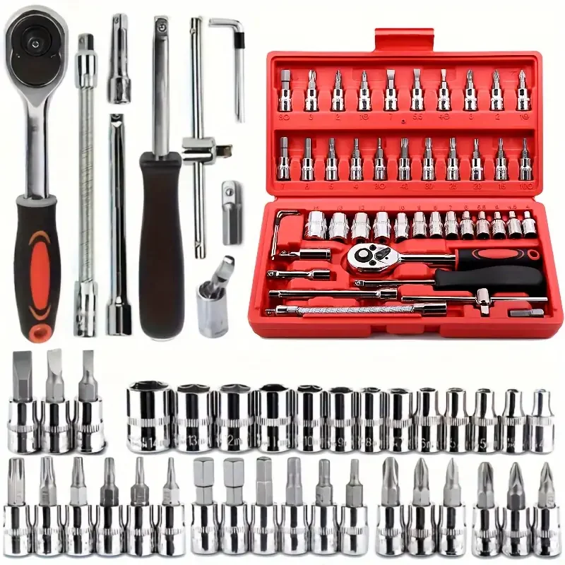 46 Pcs Car Repair Tool Kit, Ratchet Torque Wrench & Socket Set, Heavy Duty for Automotive, Bicycle, Motorcycle DIY Maintenance view 3