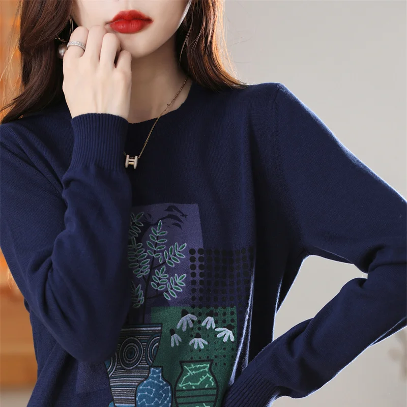 

100% Cotton Knitted Sweater for Women's 2022 Autumn/Winter New Round Neck Long sleeved Coat Printed Sweater